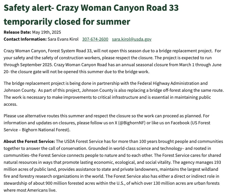 Crazy Woman Canyon Road Trail Review Photo