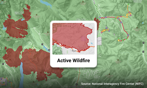 Active Wildfires layer on the Trails Offroad map