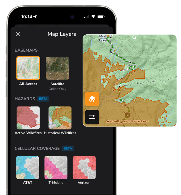Trails Offroad app showing map layers on an iPhone