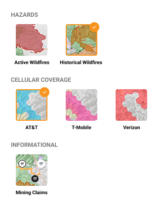 Map layer toggles in the Trails Offroad app